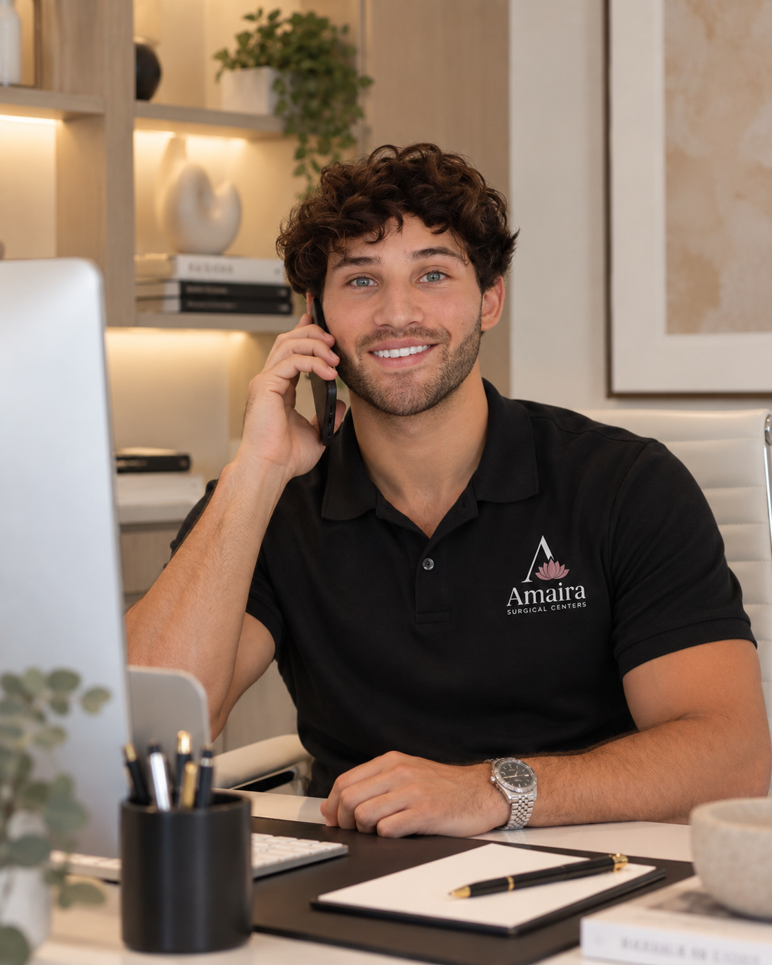 Smiling Amaira care team member on the phone at his desk