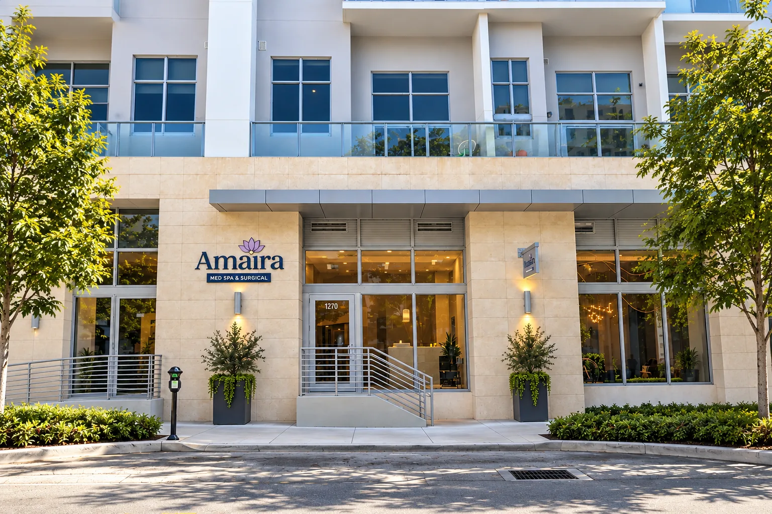 Amaira Med Spa & Surgical sign on a building with palm trees in West Palm Beach