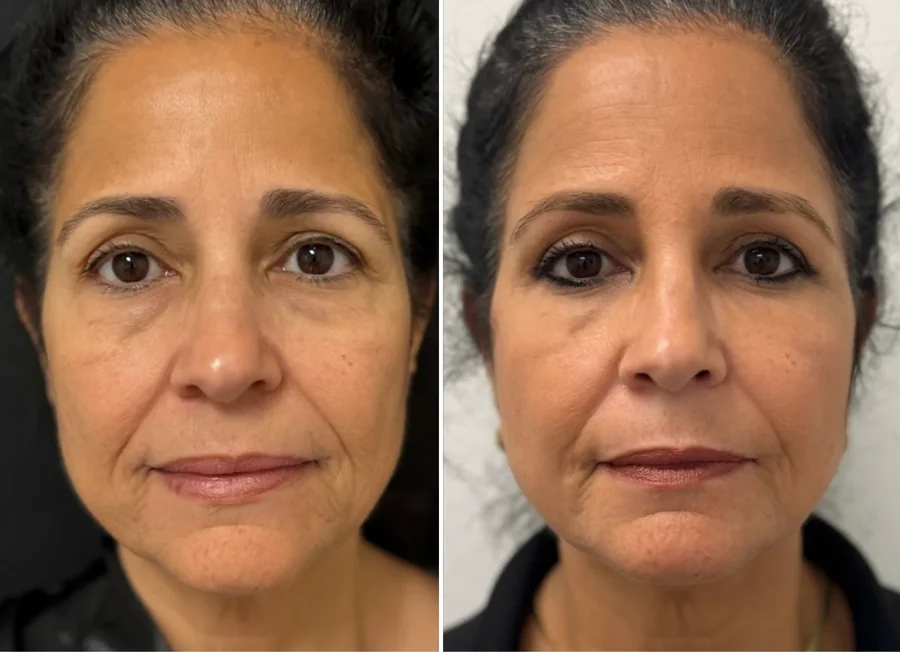 Attiva skin tightening before and after, face and jawline, front view, patient 2